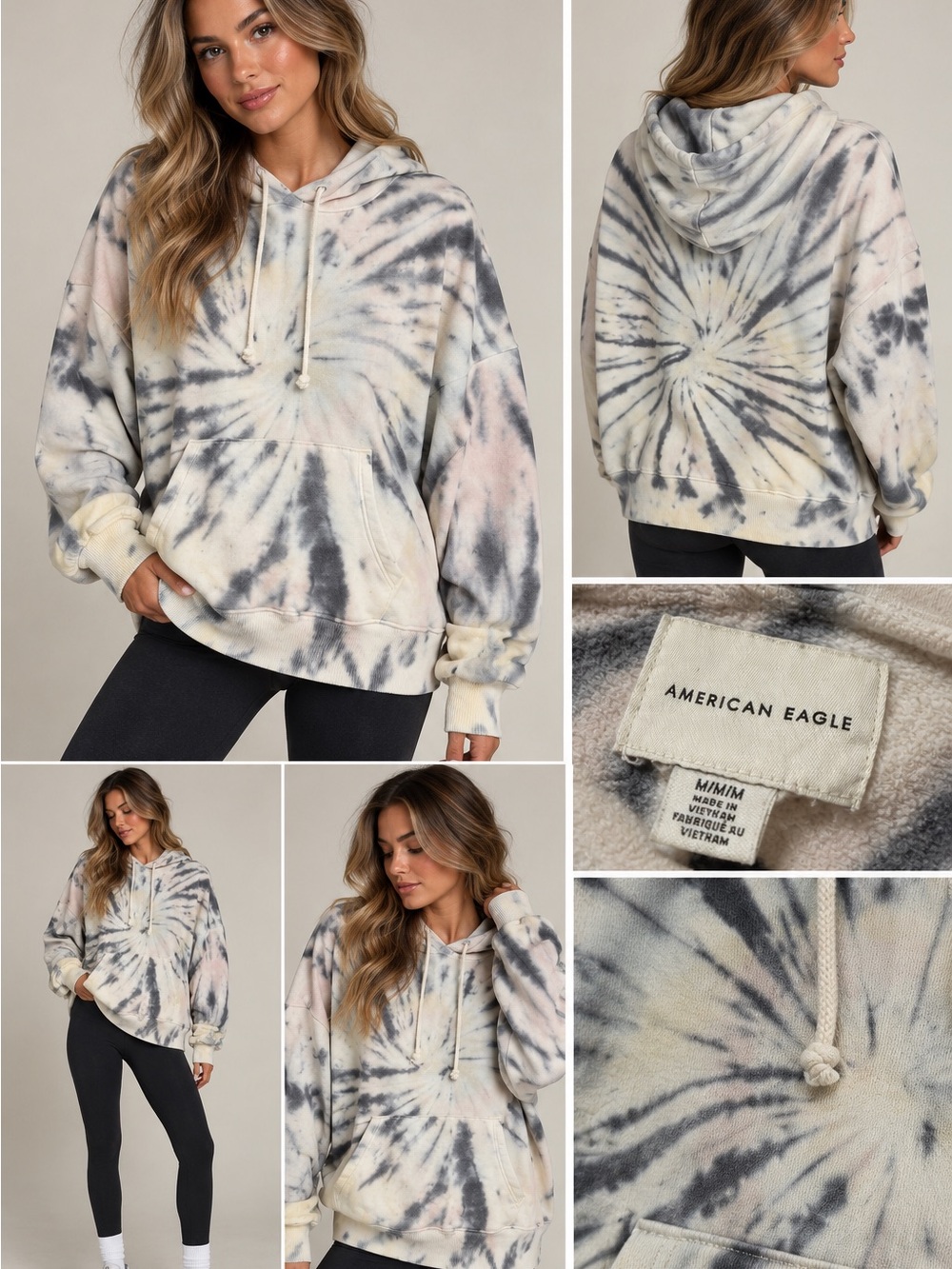 American Eagle Outfitters Spiral Tie-Dye Pullover Hoodie - Cream, Gray, Pink